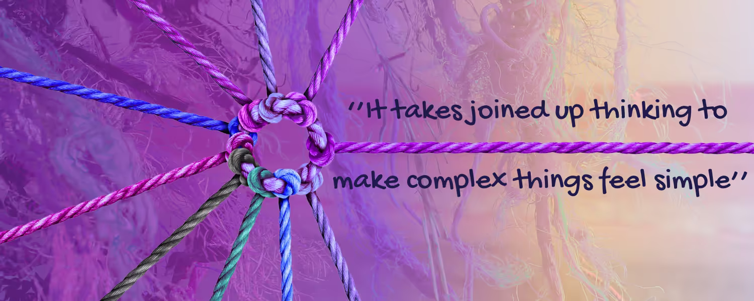 The background image is of untidy, tangled rope. The foreground image is of the different ropes knotted together