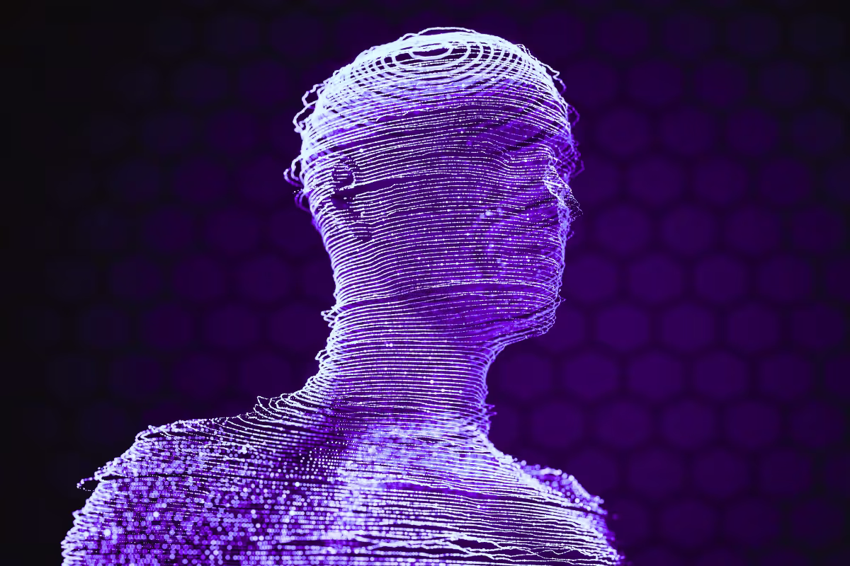 An image of the head and shoulders of a person wrapped in purple strings of data representing AI and human decisioning.