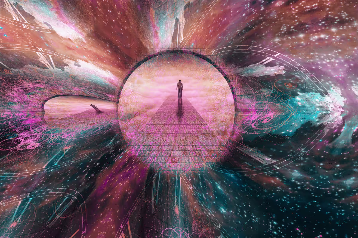 A graphic showing a person walking on a brick road with no end destination
