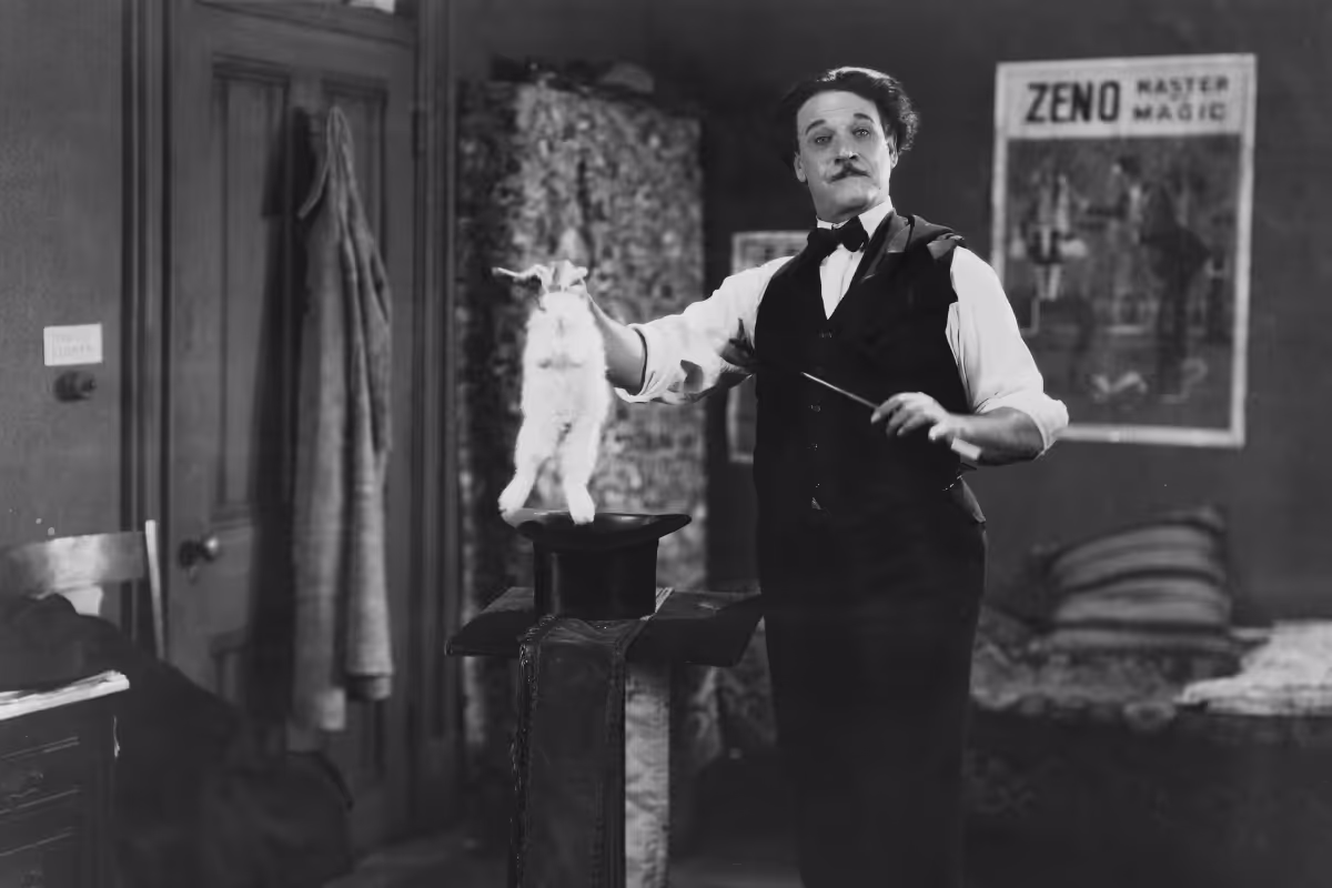 A Magician with a Wand Pulling A Rabbit Out Of A Hat.