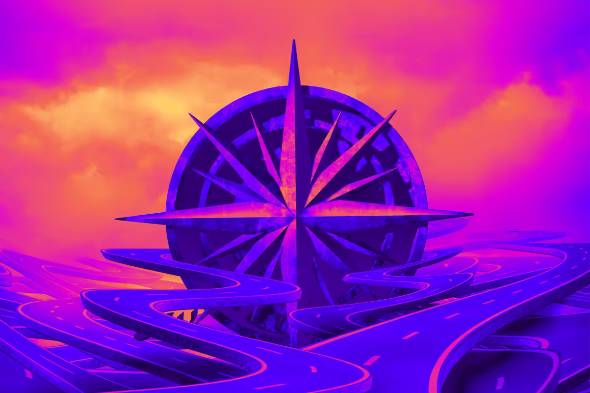 A graphic showing a sunset skyline with colours of purple, cerise, orange and yellow. In the centre of the image is a large stone compass. The base of the compass is surrounded by multiple roads travelling around it. The idea is to try and show clear navigation amidst chaos.