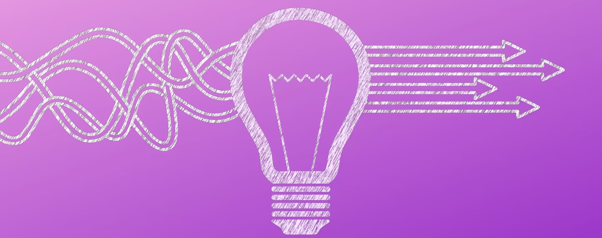 A pink background showing a chalk drawing of a lightbulb. untidy lines are on the left and pass through the lightbulb to produce straight lines all ponting in one direction. The image is describing an idea to turn chaos into clarity