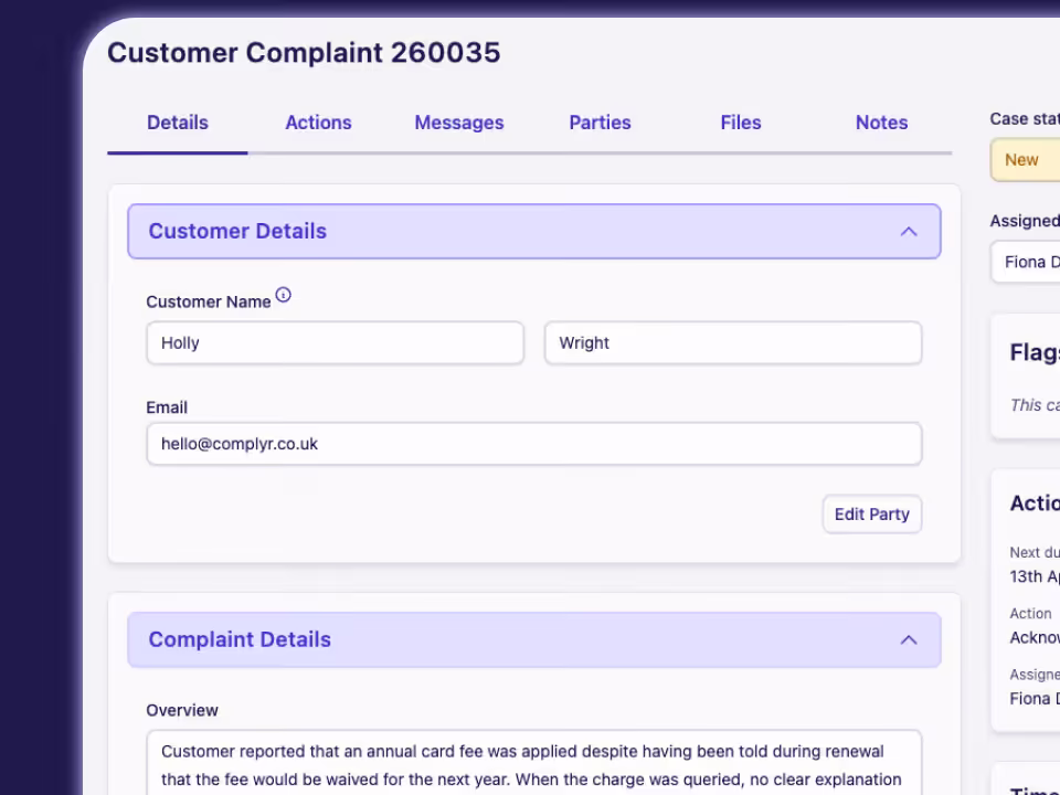 Complyr case record showing complaint details
