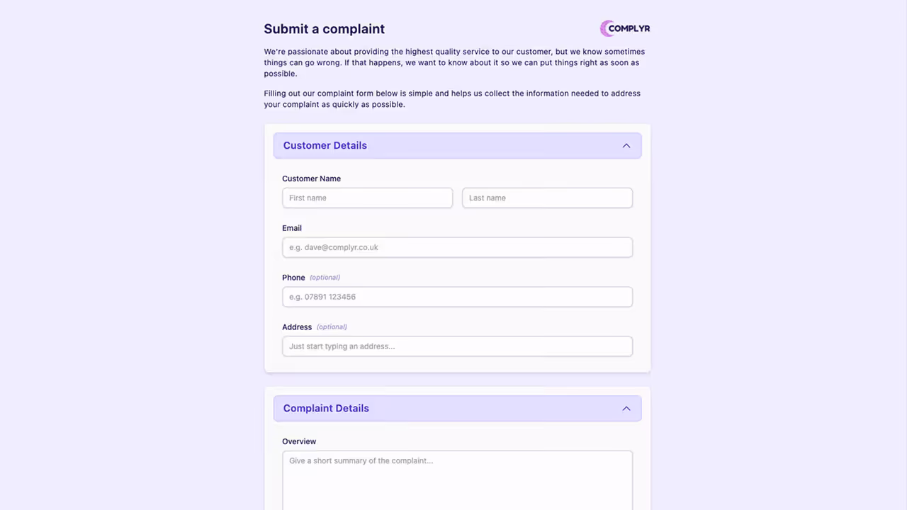 Complyr public complaint form for capturing complaint details into a case file