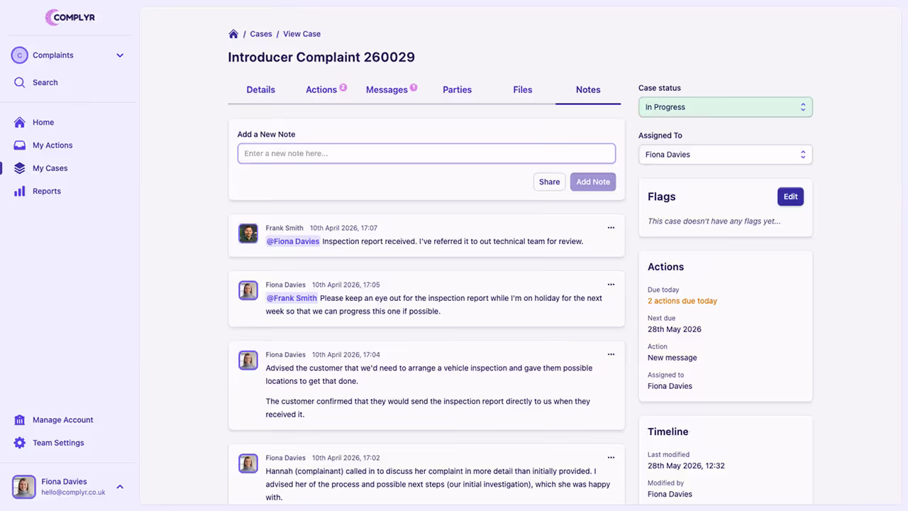 Complyr complaint case file showing notes and internal updates for team collaboration