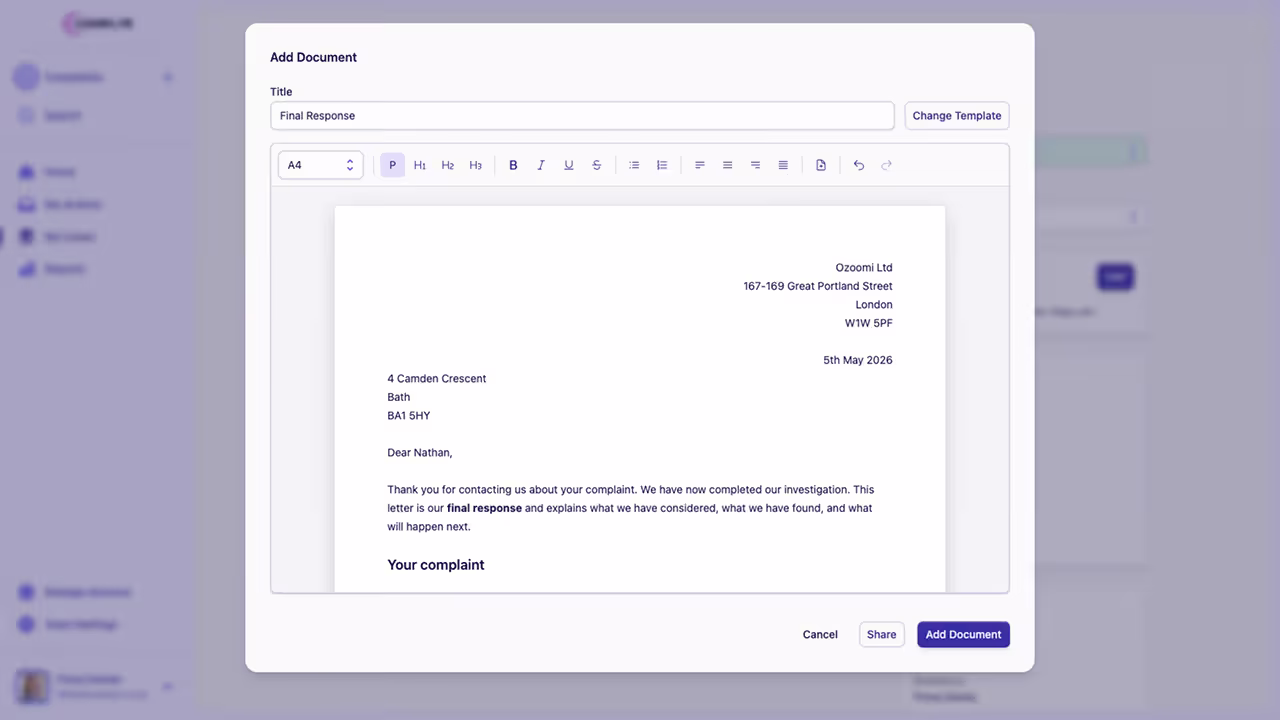 Complyr document template screen showing customer documents created from complaint case data