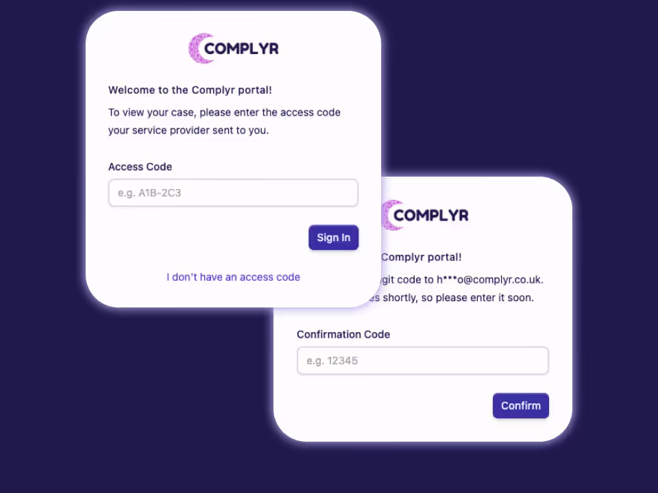 Complyr secure case portal showing controlled access and shared documents