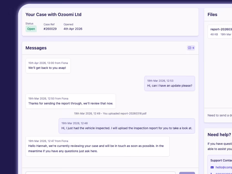 Complyr portal workspace showing complaint updates and shared files