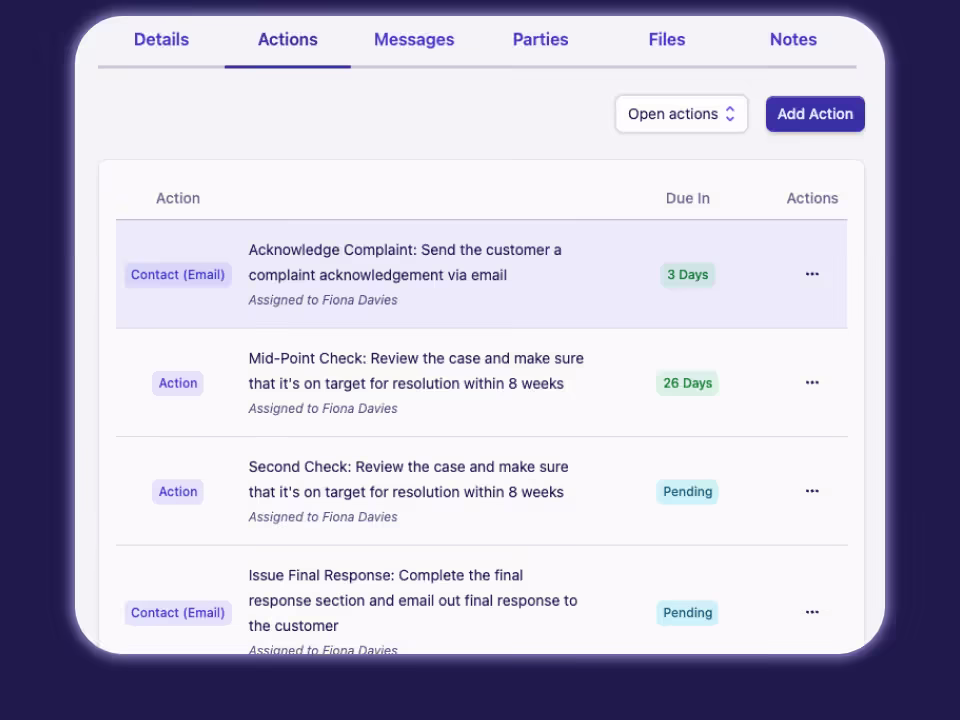 Complyr workflow builder showing complaint stages and actions