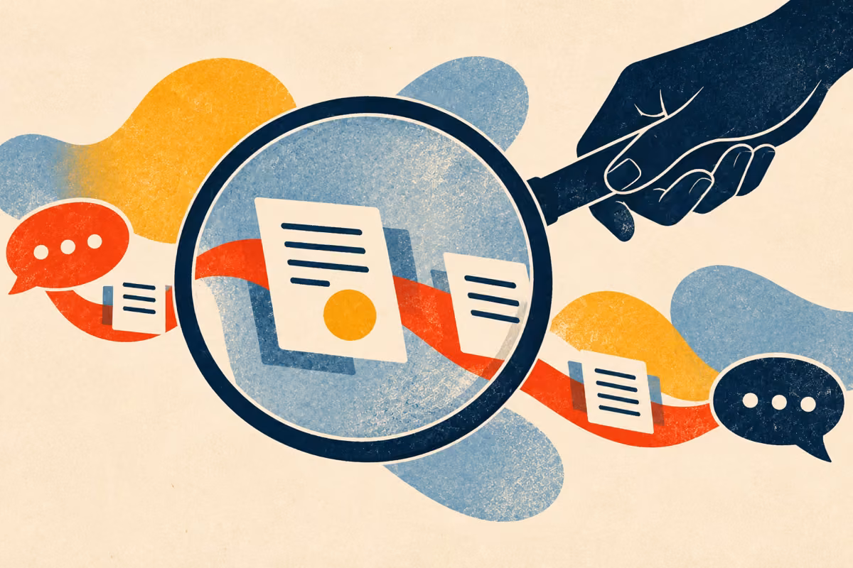 Illustration of a hand holding a magnifying glass over documents along a trail of speech bubbles.