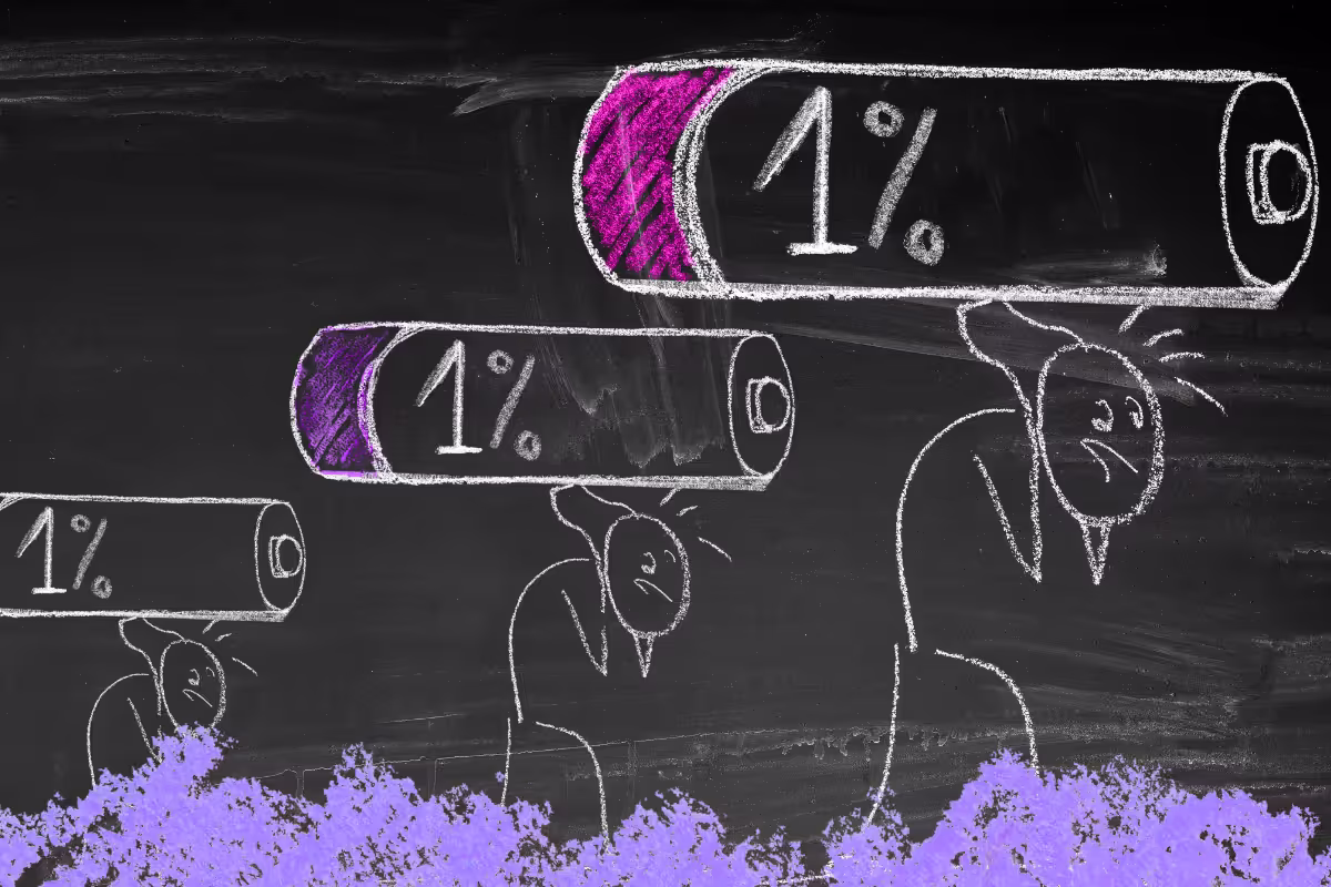 A picture of a blackboard with 3 stick figures looking sad and carrying AA batteries on their backs showing 1%