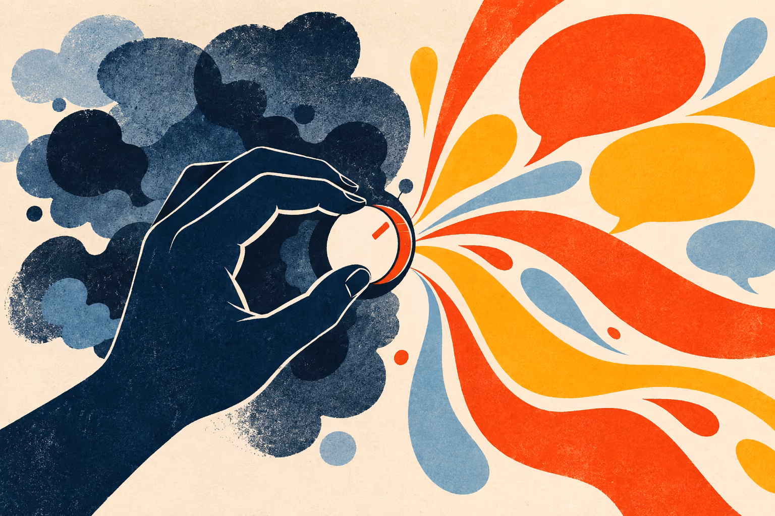 Illustration of a hand turning a dial, transforming dark clouds into colourful speech bubbles.