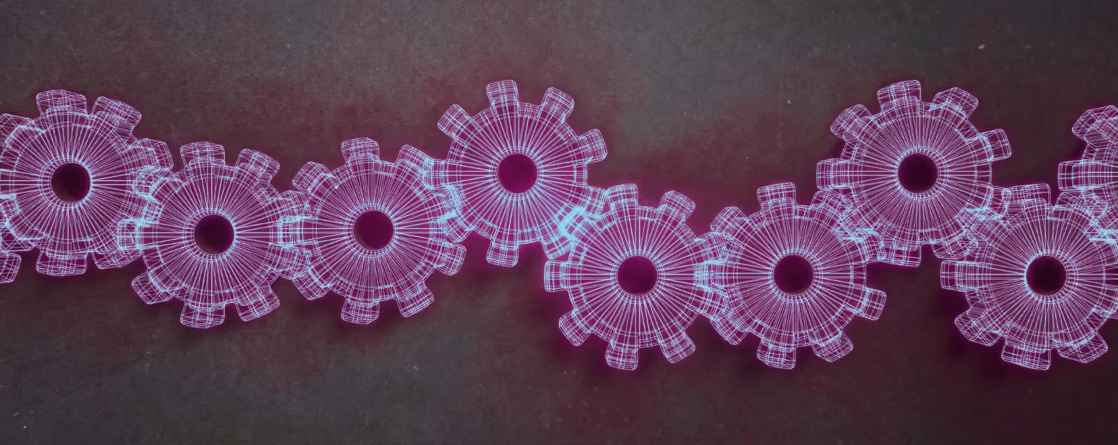 Eight cogs linked together from left to right and across the middle of the image.